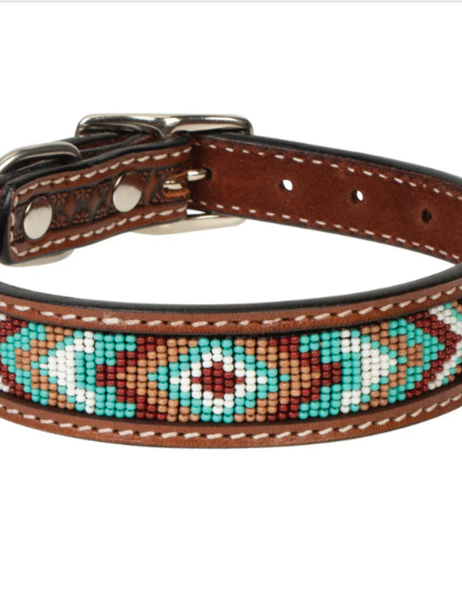 DOG COLLAR LEATHER BEADED AZTEC INLAY