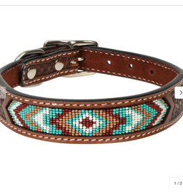 DOG COLLAR LEATHER BEADED AZTEC INLAY