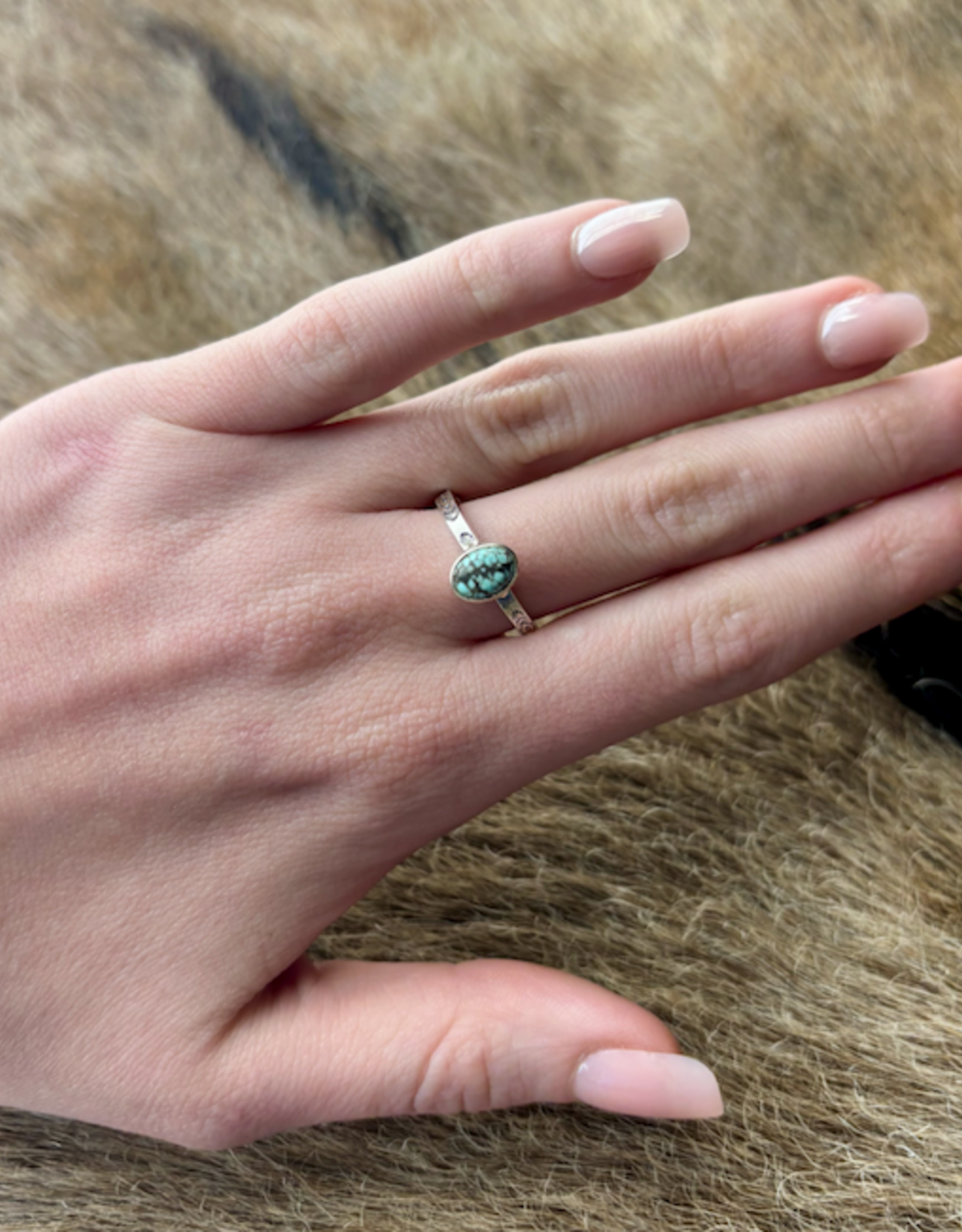 RING BAND STERLING SILVER ADJUSTABLE STACKER W/ TURQUOISE OVAL STONE