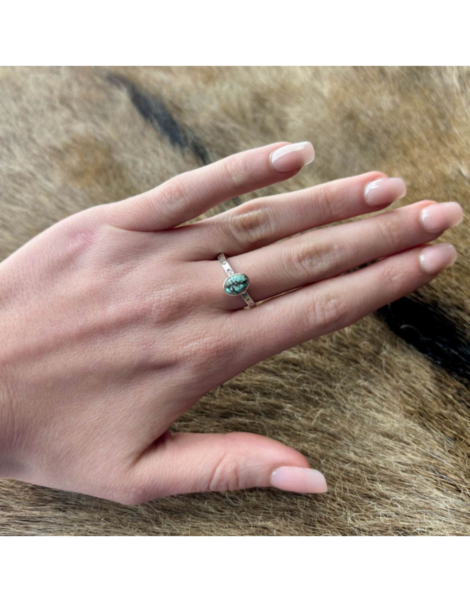 RING BAND STERLING SILVER ADJUSTABLE STACKER W/ TURQUOISE OVAL STONE