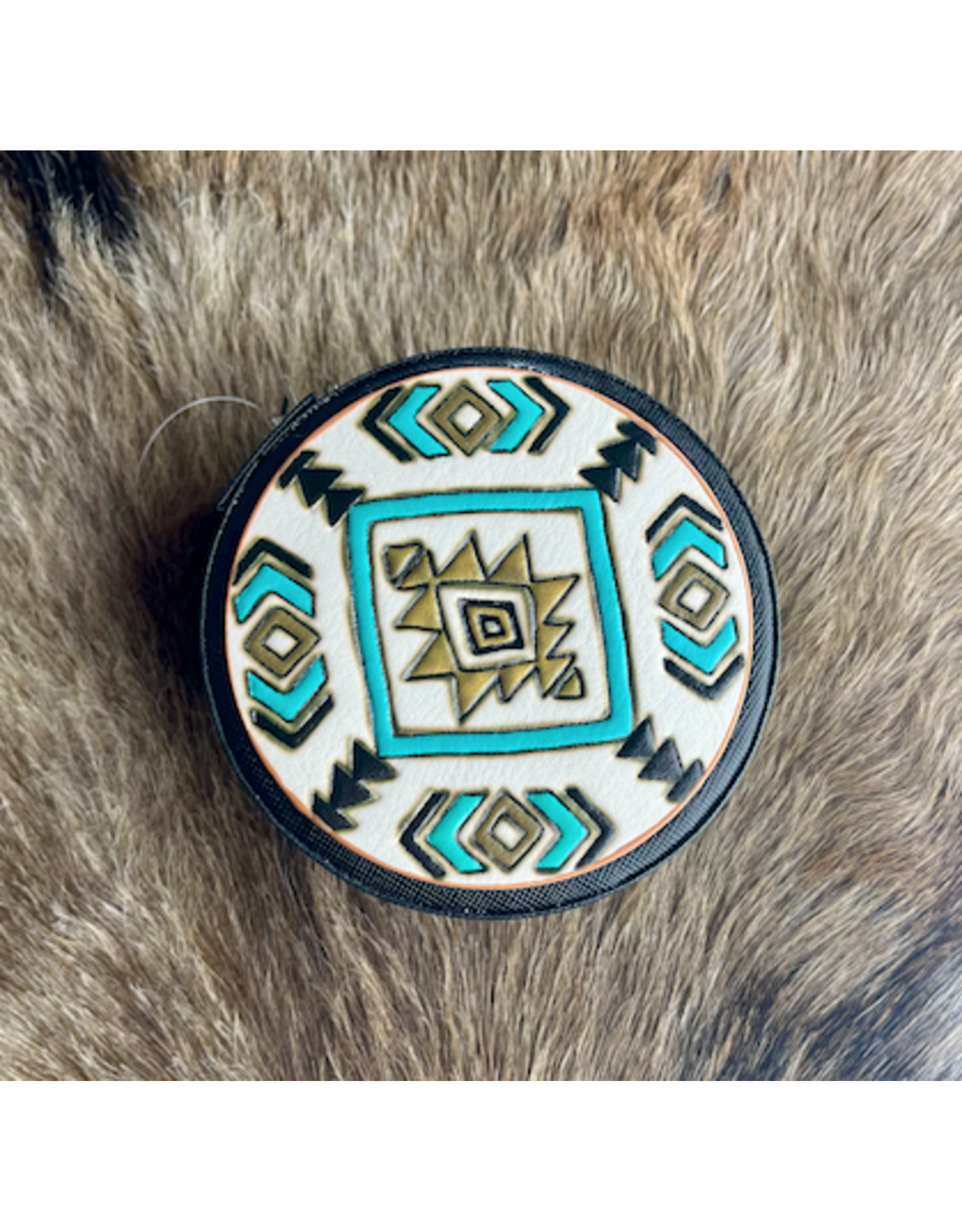 TRAVEL JEWELRY BOX TOOLED LEATHER AZTEC BLACK