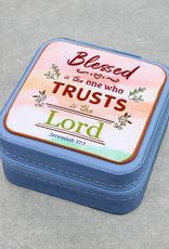 TRAVEL JEWELRY BOX BLUE  SQUARE LEATHER WITH JEREMIAH 17:7