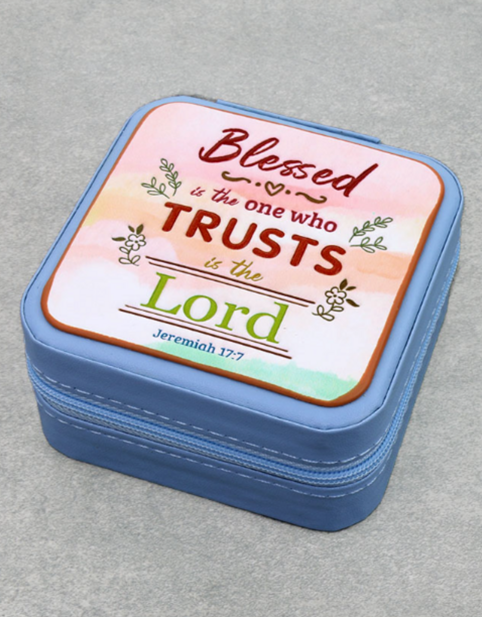 TRAVEL JEWELRY BOX BLUE  SQUARE LEATHER WITH JEREMIAH 17:7