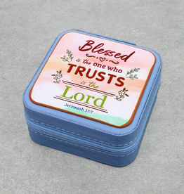 TRAVEL JEWELRY BOX BLUE  SQUARE LEATHER WITH JEREMIAH 17:7