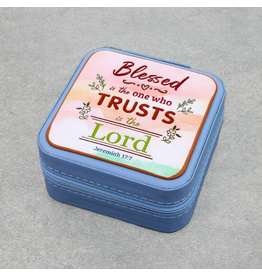 TRAVEL JEWELRY BOX BLUE  SQUARE LEATHER WITH JEREMIAH 17:7