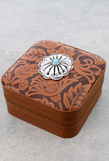 TRAVEL JEWELRY CASE LEATHER TOOLED WITH WESTERN CONCHO