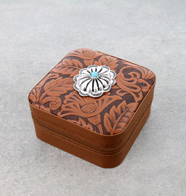 TRAVEL JEWELRY CASE LEATHER TOOLED WITH WESTERN CONCHO
