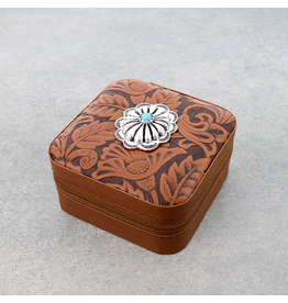 TRAVEL JEWELRY CASE LEATHER TOOLED WITH WESTERN CONCHO