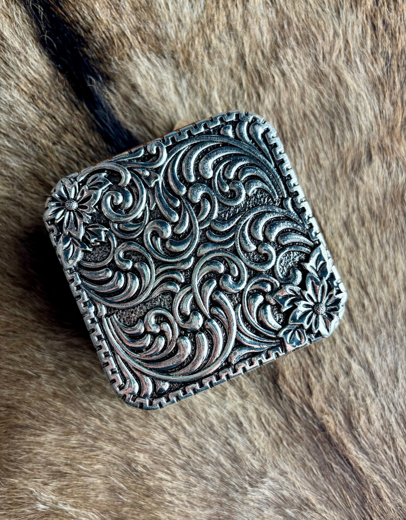 TRAVEL JEWELRY BOX LEATHER METAL PLATED FLORAL