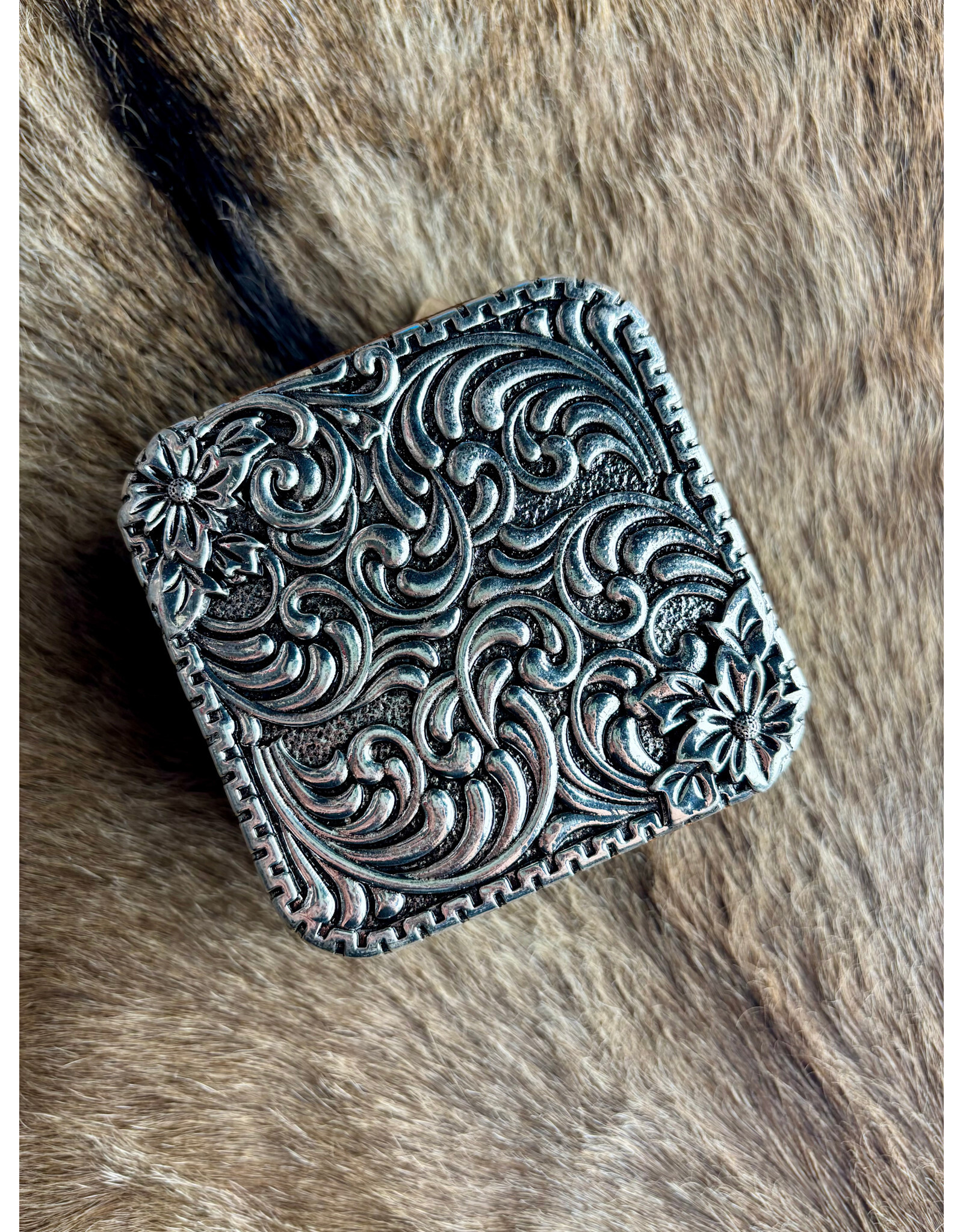 TRAVEL JEWELRY BOX LEATHER METAL PLATED FLORAL