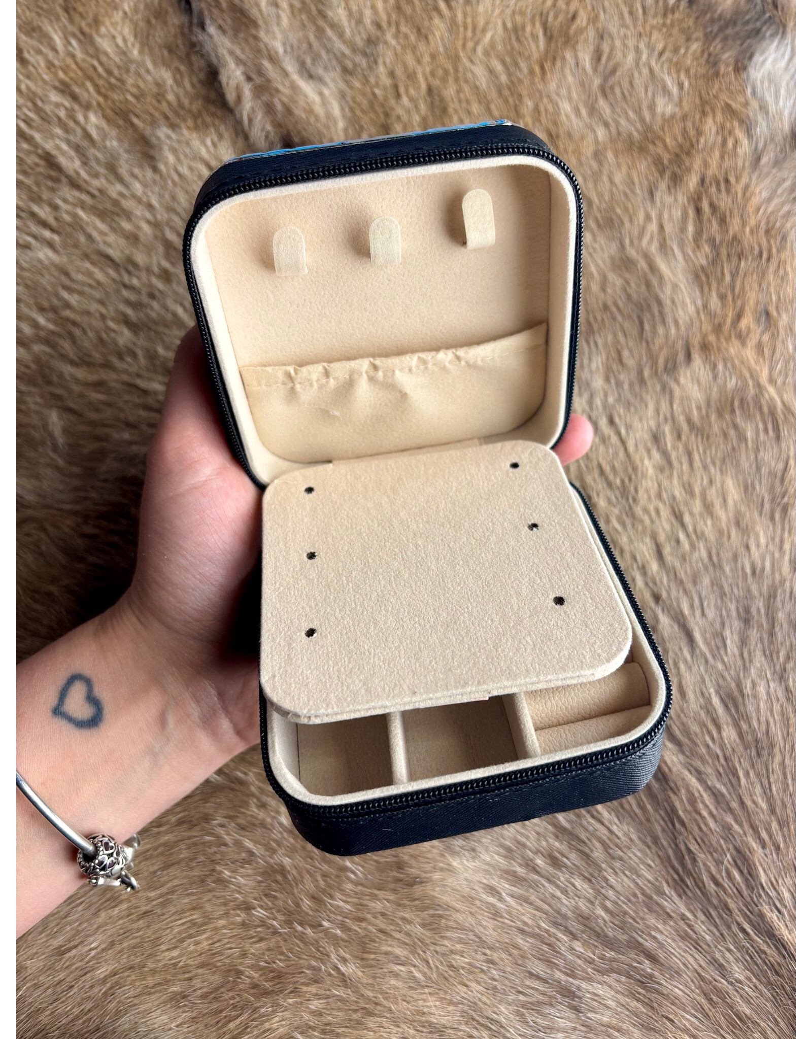 TRAVEL JEWELRY BOX LEATHER METAL PLATED FLORAL