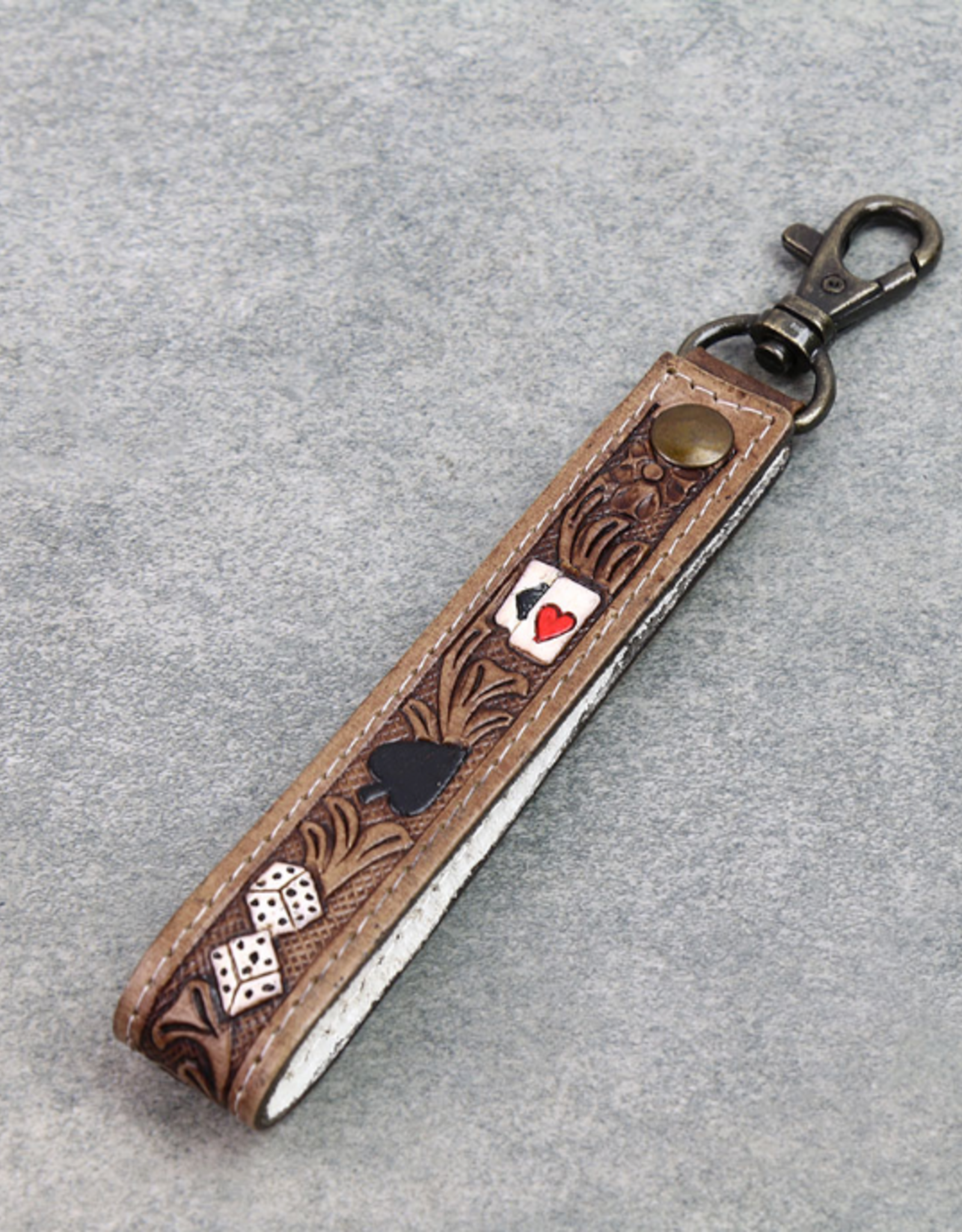 LEATHER KEY CHAIN TOOLED CARDS & DICE "GAMBLE"