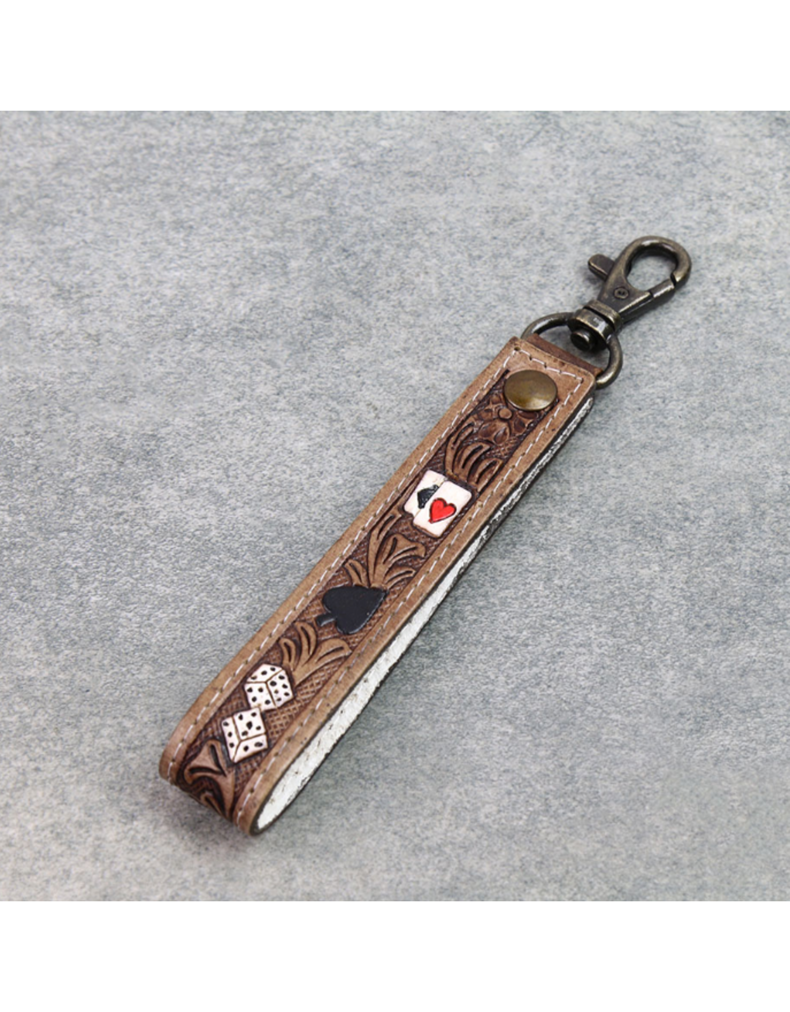 LEATHER KEY CHAIN TOOLED CARDS & DICE "GAMBLE"