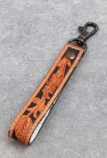 KEYCHAIN LEATHER TOOLED FLORAL BLACK INLAY