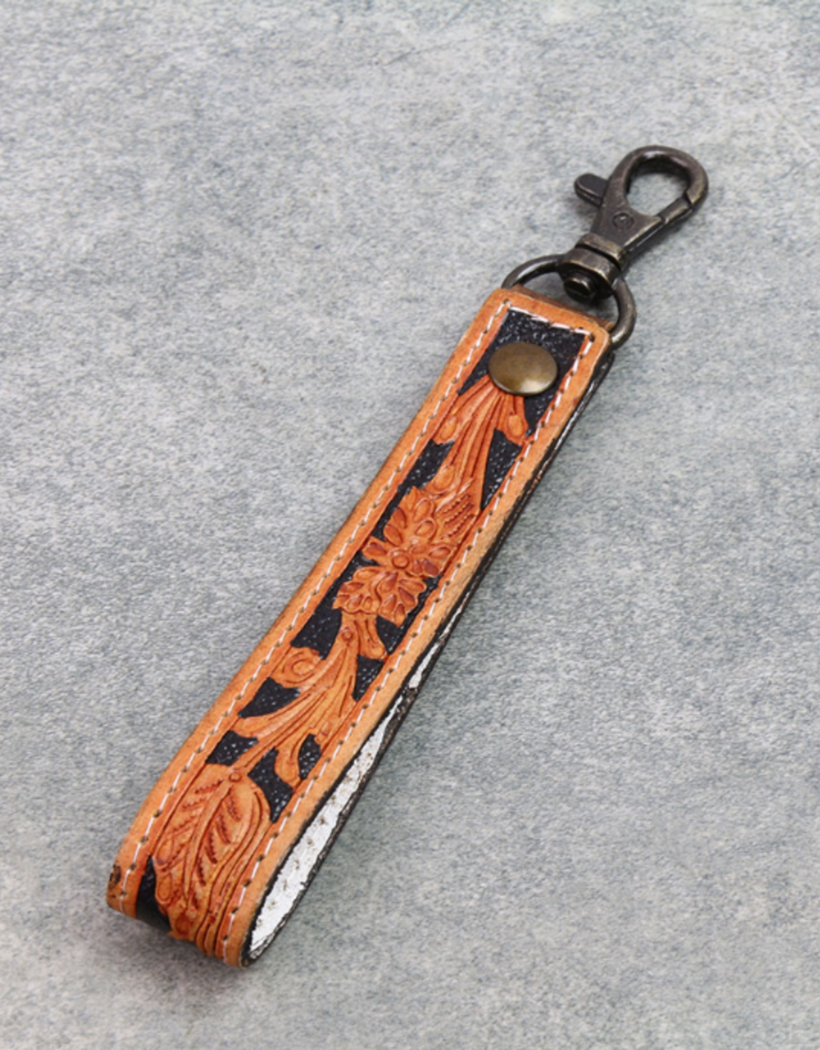 KEYCHAIN LEATHER TOOLED FLORAL BLACK INLAY
