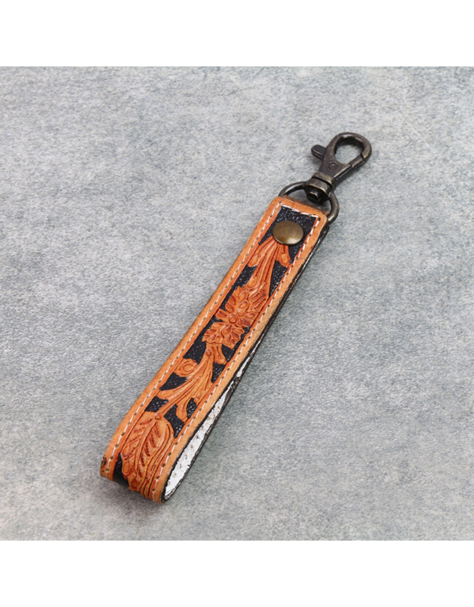 KEYCHAIN LEATHER TOOLED FLORAL BLACK INLAY