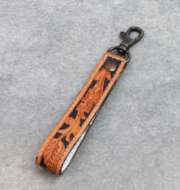 KEYCHAIN LEATHER TOOLED FLORAL BLACK INLAY