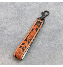 KEYCHAIN LEATHER TOOLED FLORAL BLACK INLAY