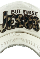 WOMENS BALL CAP WHITE "BUT FIRST JESUS" CHEETAH