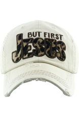 WOMENS BALL CAP WHITE "BUT FIRST JESUS" CHEETAH