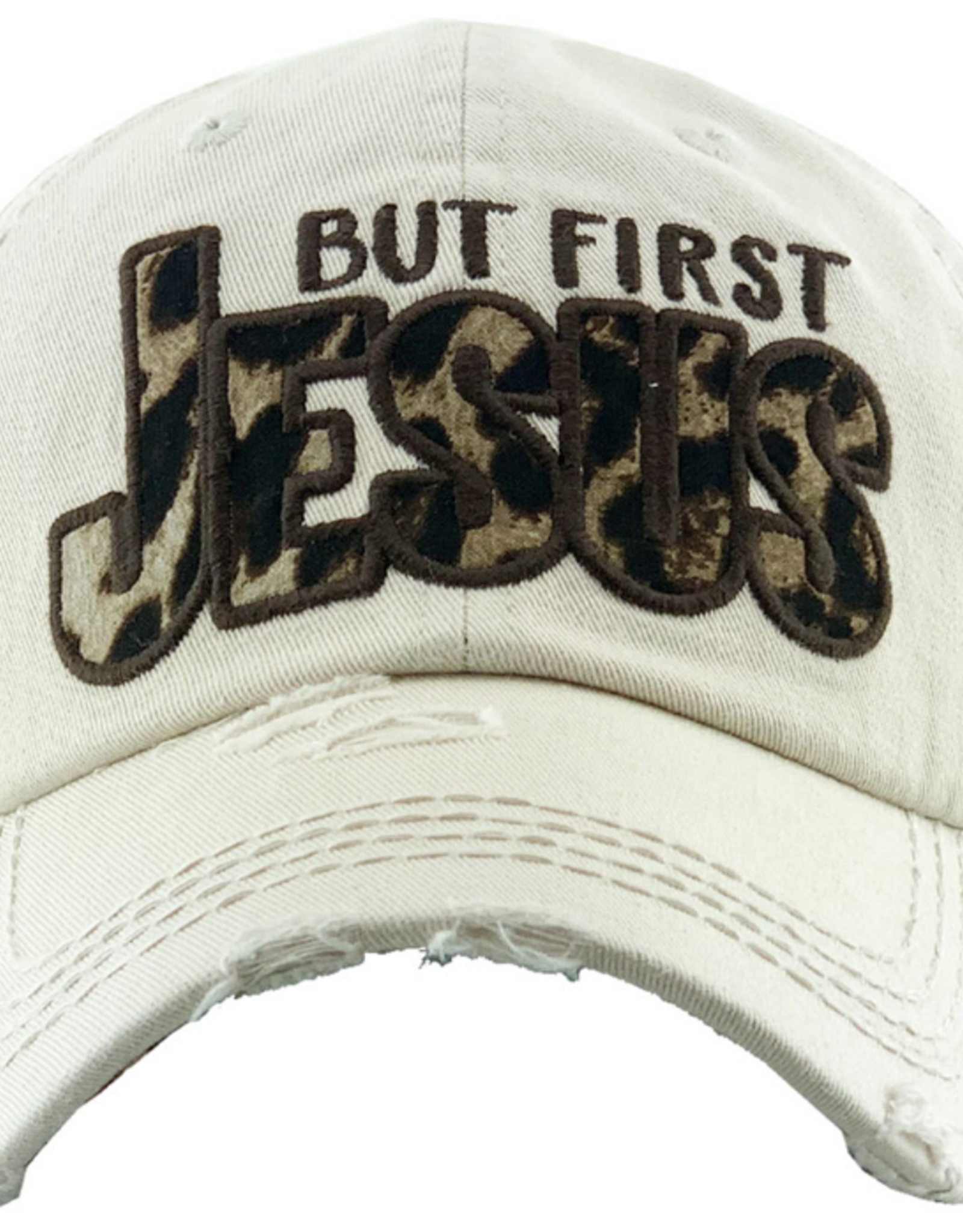 WOMENS BALL CAP WHITE "BUT FIRST JESUS" CHEETAH
