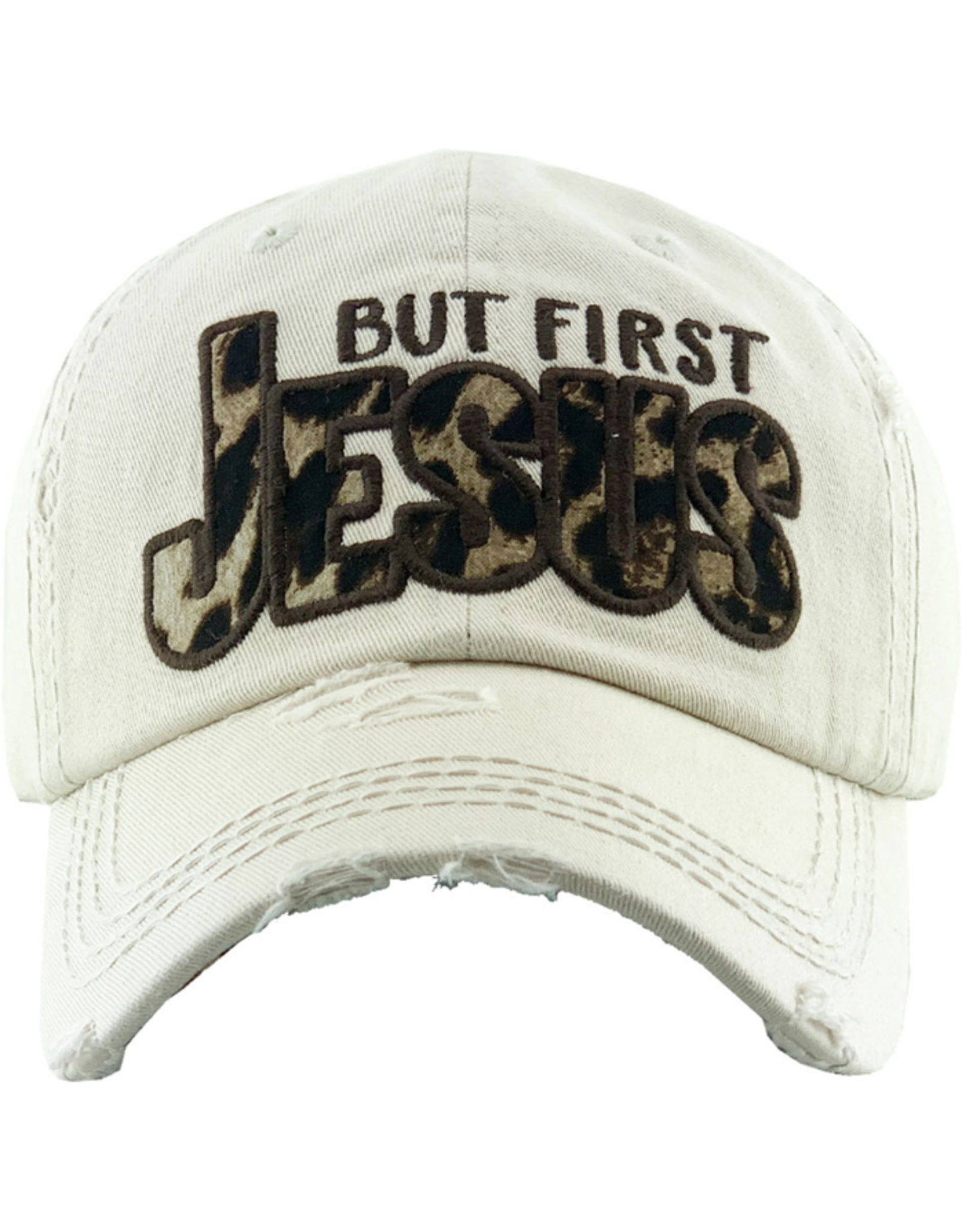 WOMENS BALL CAP WHITE "BUT FIRST JESUS" CHEETAH