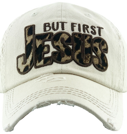 WOMENS BALL CAP WHITE "BUT FIRST JESUS" CHEETAH