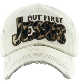WOMENS BALL CAP WHITE "BUT FIRST JESUS" CHEETAH