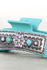 WESTERN CLAW CLIP TURQUOISE METAL PLATED DIAMOND FLOWER