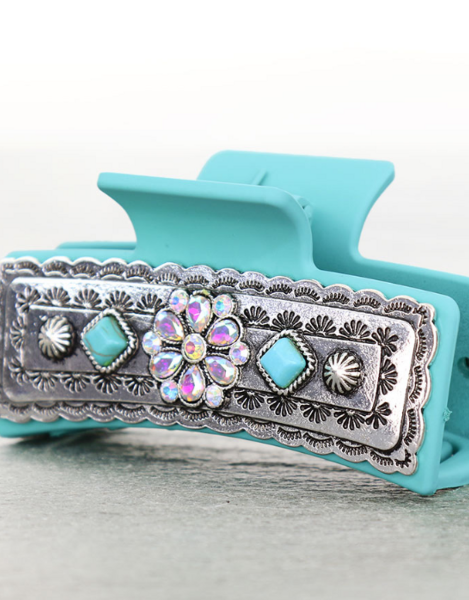 WESTERN CLAW CLIP TURQUOISE METAL PLATED DIAMOND FLOWER