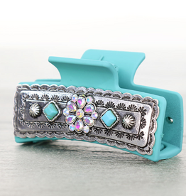 WESTERN CLAW CLIP TURQUOISE METAL PLATED DIAMOND FLOWER