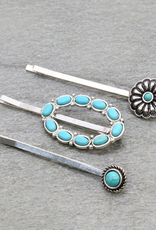WESTERN BOBBY PIN SET OF 3 FLOWER & TURQUOISE CIRCLE