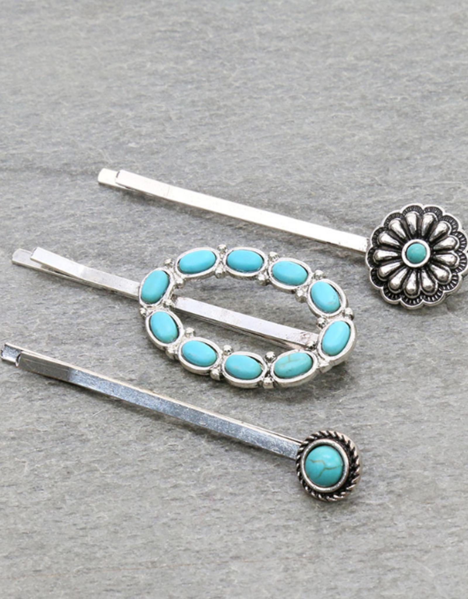 WESTERN BOBBY PIN SET OF 3 FLOWER & TURQUOISE CIRCLE