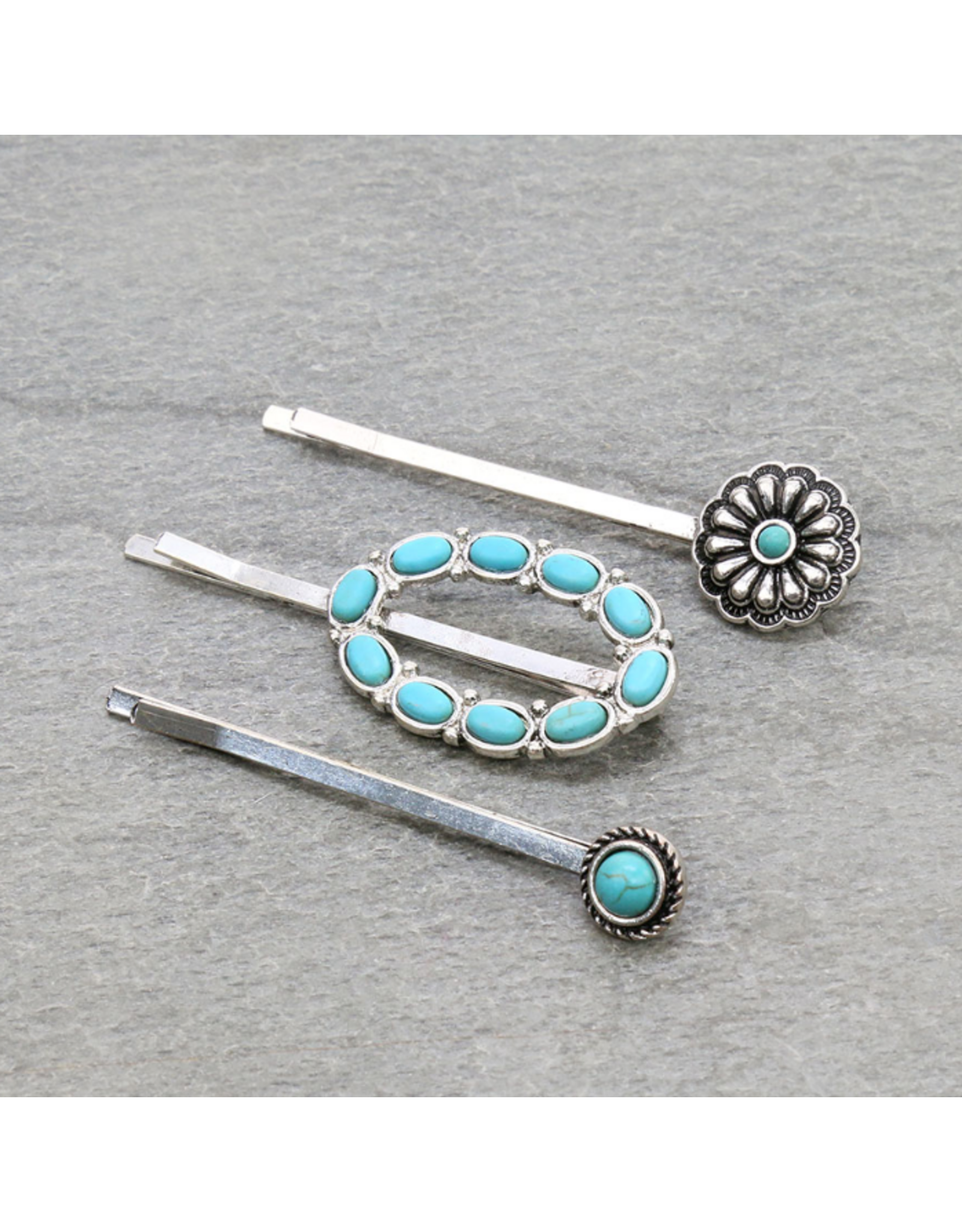 WESTERN BOBBY PIN SET OF 3 FLOWER & TURQUOISE CIRCLE