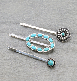 WESTERN BOBBY PIN SET OF 3 FLOWER & TURQUOISE CIRCLE
