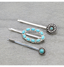 WESTERN BOBBY PIN SET OF 3 FLOWER & TURQUOISE CIRCLE