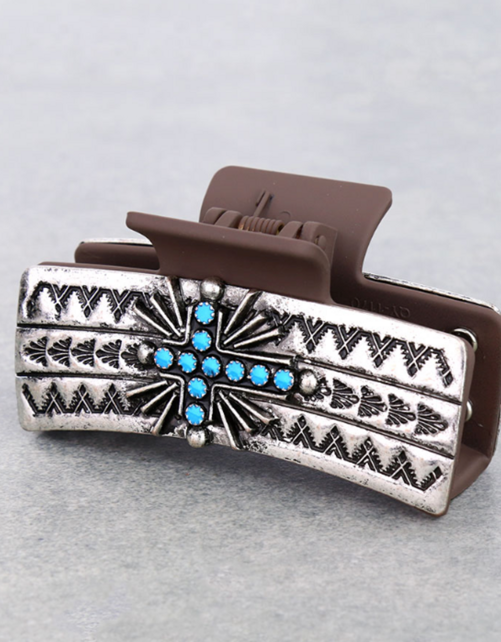 WESTERN HAIR CLAW CLIP BROWN METAL PLATED CROSS
