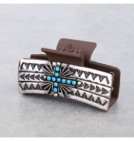 WESTERN HAIR CLAW CLIP BROWN METAL PLATED CROSS