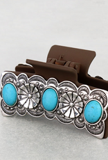 WESTERN HAIR CLAW CLIP BROWN FLORAL METAL PLATED TURQ STONES