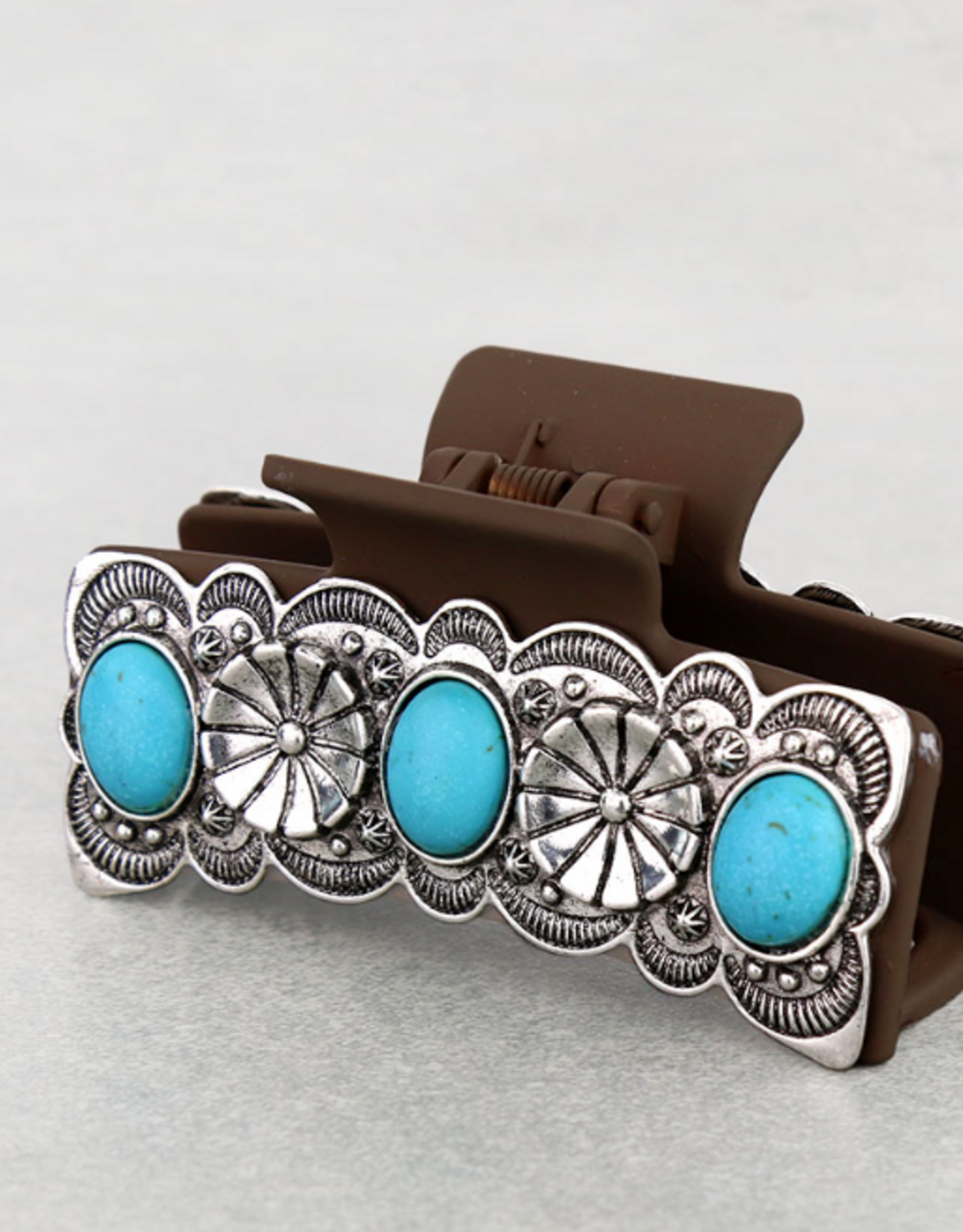 WESTERN HAIR CLAW CLIP BROWN FLORAL METAL PLATED TURQ STONES