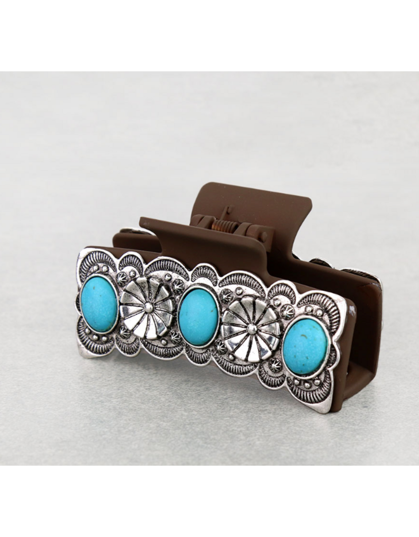 WESTERN HAIR CLAW CLIP BROWN FLORAL METAL PLATED TURQ STONES