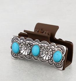 WESTERN HAIR CLAW CLIP BROWN FLORAL METAL PLATED TURQ STONES