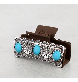 WESTERN HAIR CLAW CLIP BROWN FLORAL METAL PLATED TURQ STONES