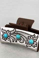 WESTERN HAIR CLAW CLIP BROWN METAL PLATED 3 CIRCLE TURQ STONES