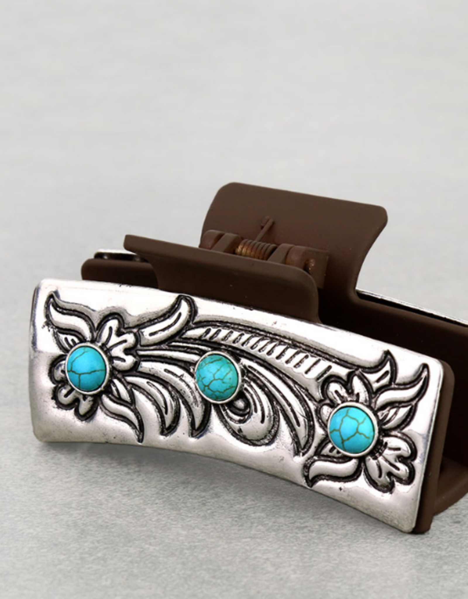 WESTERN HAIR CLAW CLIP BROWN METAL PLATED 3 CIRCLE TURQ STONES