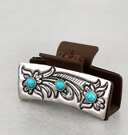 WESTERN HAIR CLAW CLIP BROWN METAL PLATED 3 CIRCLE TURQ STONES