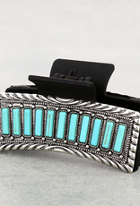 WESTERN HAIR CLAW CLIP BALCK METAL PLATED TURQUOISE BAR STONES