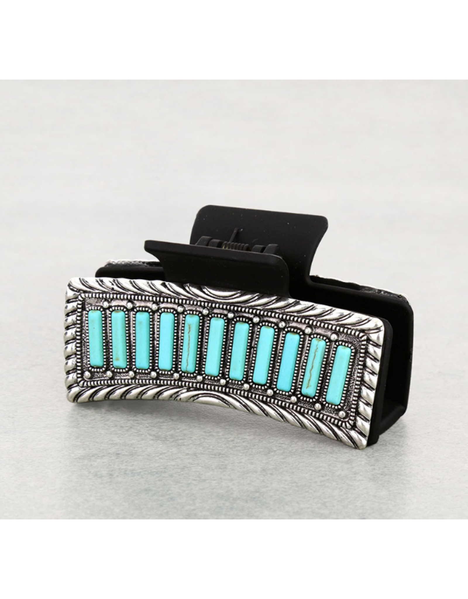 WESTERN HAIR CLAW CLIP BALCK METAL PLATED TURQUOISE BAR STONES