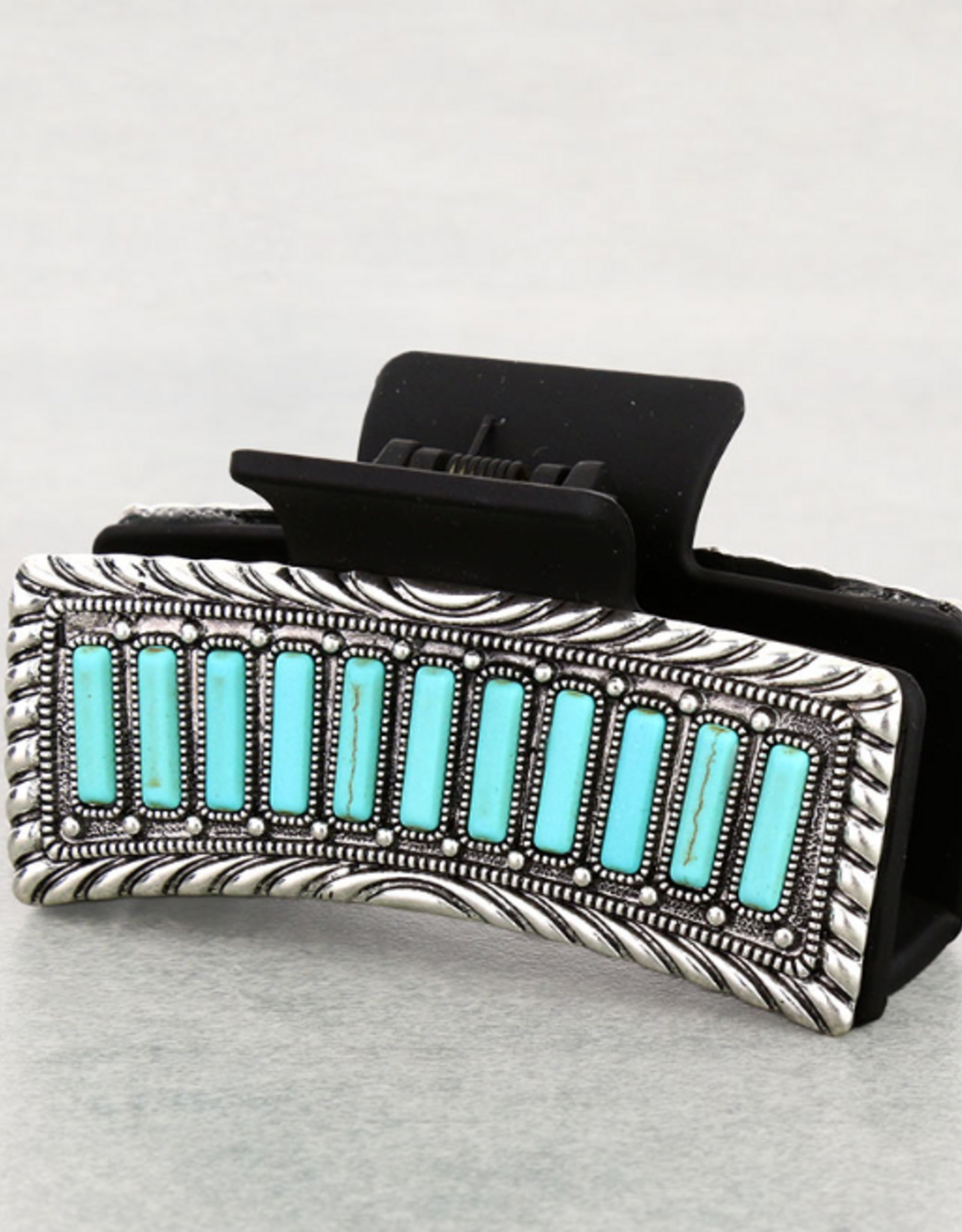 WESTERN HAIR CLAW CLIP BALCK METAL PLATED TURQUOISE BAR STONES