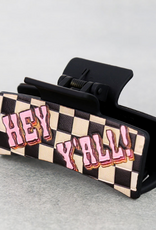 WESTERN HAIR CLAW CLIP BLACK LEATHER CHECKERED "HEY YALL"